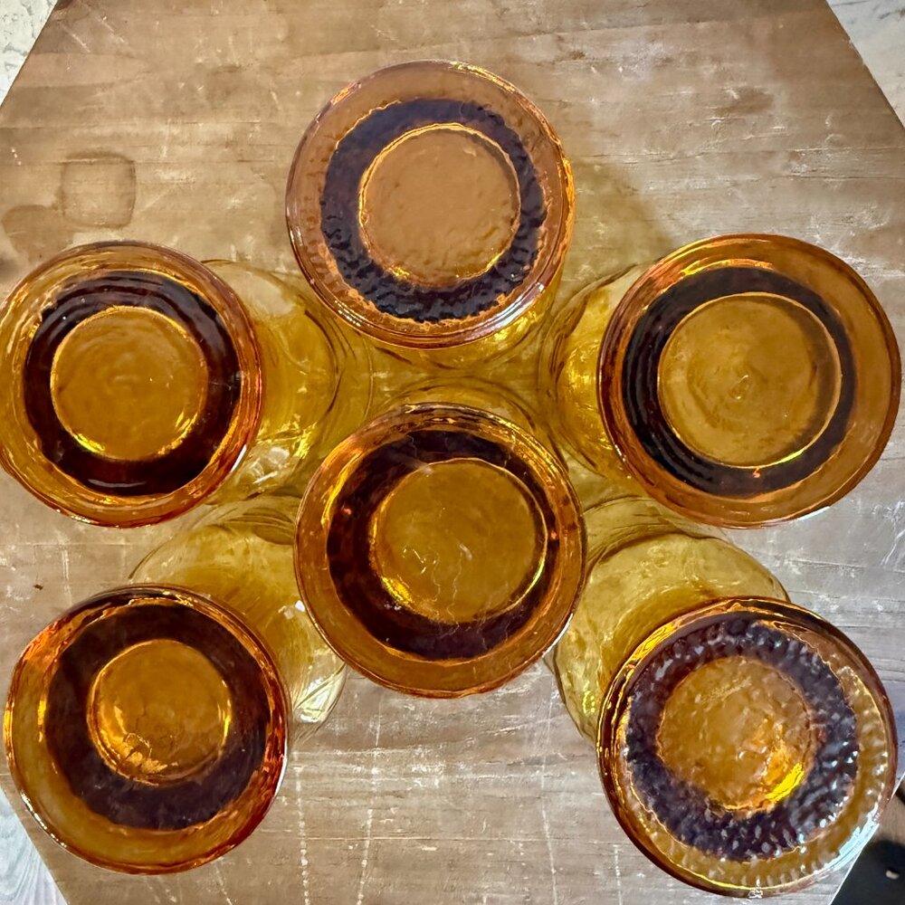 Vintage Amber Glass Goblets Set of 6 Floral Pressed Glass Mid Century A - Picture 9 of 10